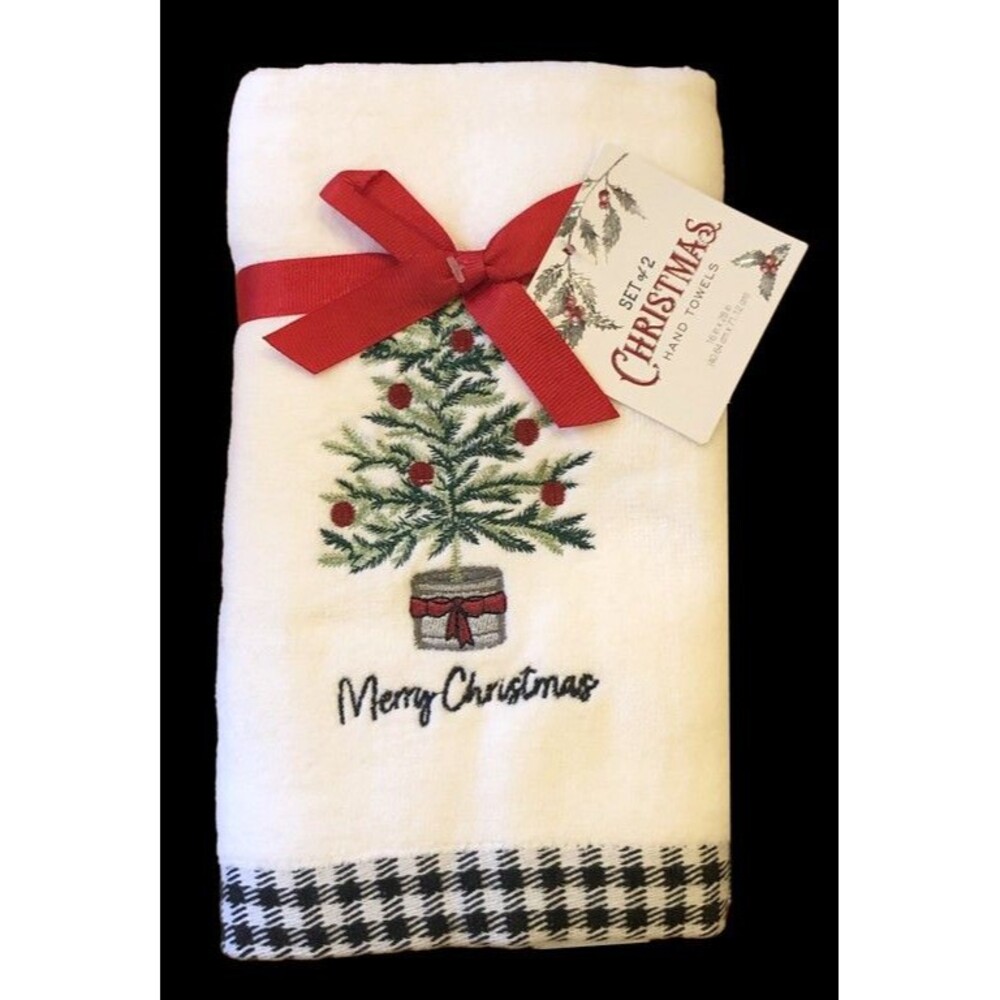 Merry Christmas Tree Hand Towels Embroidered White Buffalo Check 16x28" Set of 2